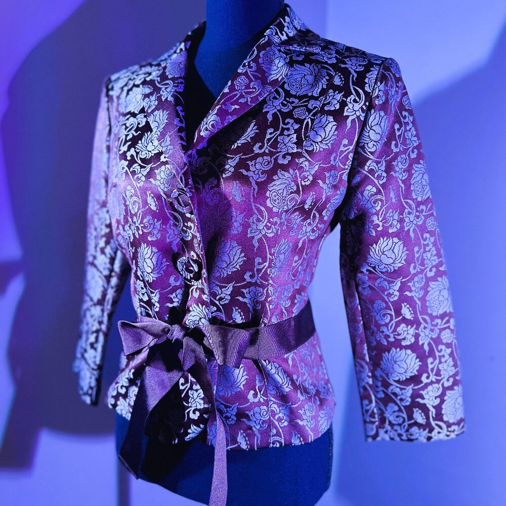 Vintage Jackie O Brocade Top with Ribbon Waist and 3/4 Sleeves